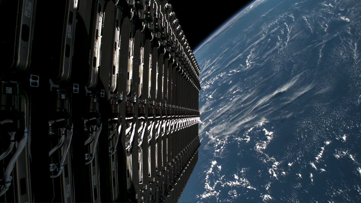 SpaceX Starlink satellites aboard the Falcon 9 upper stage in orbit above Earth